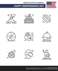 Pack of 9 creative USA Independence Day related Lines of states  usa  white  sports  backetball Editable USA Day Vector Design Elements