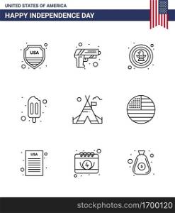 Pack of 9 creative USA Independence Day related Lines of tent  cream  american  popsicle  badge Editable USA Day Vector Design Elements