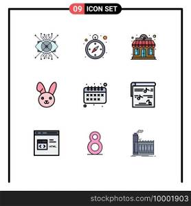 Pack of 9 Modern Filledline Flat Colors Signs and Symbols for Web Print Media such as calendar, back to school, hotel, rabbit, bynny Editable Vector Design Elements