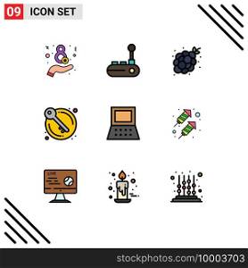 Pack of 9 Modern Filledline Flat Colors Signs and Symbols for Web Print Media such as computer, authority, food, keys, door Editable Vector Design Elements