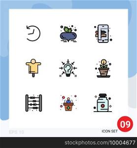 Pack of 9 Modern Filledline Flat Colors Signs and Symbols for Web Print Media such as solution, question, creative, bulb, farming Editable Vector Design Elements