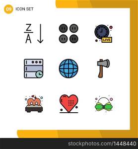 Pack of 9 Modern Filledline Flat Colors Signs and Symbols for Web Print Media such as laboratory, earth, time, chemistry, time Editable Vector Design Elements