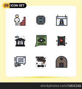 Pack of 9 Modern Filledline Flat Colors Signs and Symbols for Web Print Media such as communication, city, cpu, building, holiday Editable Vector Design Elements