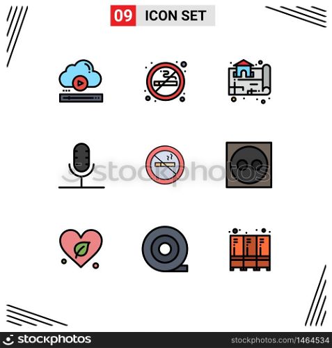 Pack of 9 Modern Filledline Flat Colors Signs and Symbols for Web Print Media such as record, mic, air, broadcast, real Editable Vector Design Elements
