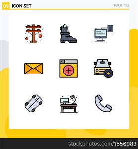 Pack of 9 Modern Filledline Flat Colors Signs and Symbols for Web Print Media such as new, add, print, interface, email Editable Vector Design Elements