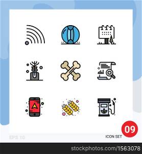 Pack of 9 Modern Filledline Flat Colors Signs and Symbols for Web Print Media such as bones, bottle spa, advertising, oil, commercial Editable Vector Design Elements