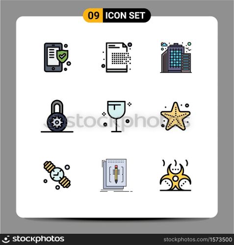 Pack of 9 Modern Filledline Flat Colors Signs and Symbols for Web Print Media such as glass, drinks, erasure, options, control Editable Vector Design Elements