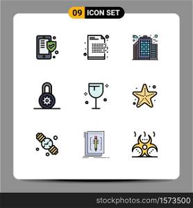Pack of 9 Modern Filledline Flat Colors Signs and Symbols for Web Print Media such as glass, drinks, erasure, options, control Editable Vector Design Elements