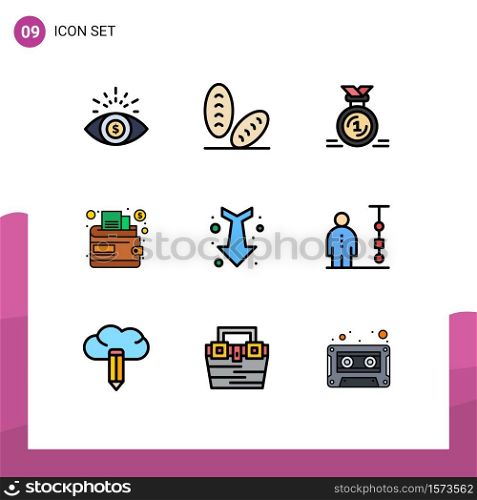 Pack of 9 Modern Filledline Flat Colors Signs and Symbols for Web Print Media such as straight, down, first, arrow, money Editable Vector Design Elements