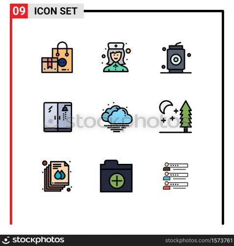 Pack of 9 Modern Filledline Flat Colors Signs and Symbols for Web Print Media such as warm, shower, nurse, plumbing, food Editable Vector Design Elements