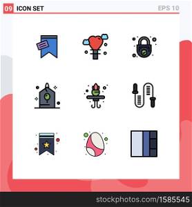 Pack of 9 Modern Filledline Flat Colors Signs and Symbols for Web Print Media such as living, party, padlock, gift, birthday Editable Vector Design Elements
