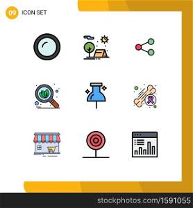 Pack of 9 Modern Filledline Flat Colors Signs and Symbols for Web Print Media such as location, search, nature, organic, social Editable Vector Design Elements