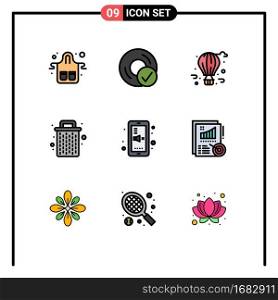 Pack of 9 Modern Filledline Flat Colors Signs and Symbols for Web Print Media such as garbage, been, disc, basket, fly balloon Editable Vector Design Elements