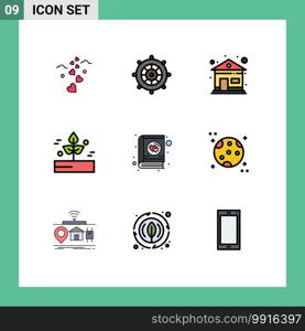 Pack of 9 Modern Filledline Flat Colors Signs and Symbols for Web Print Media such as love, rainy, building, rain, leaf Editable Vector Design Elements