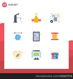 Pack of 9 Modern Flat Colors Signs and Symbols for Web Print Media such as scroll, job, loan, cv, education globe Editable Vector Design Elements