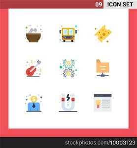 Pack of 9 Modern Flat Colors Signs and Symbols for Web Print Media such as gear, musical, cheese, music, folk Editable Vector Design Elements