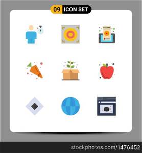 Pack of 9 Modern Flat Colors Signs and Symbols for Web Print Media such as box, earth day, web page, vegetable, carrot Editable Vector Design Elements