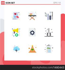 Pack of 9 Modern Flat Colors Signs and Symbols for Web Print Media such as document, speaker, reapair, marketing, automation Editable Vector Design Elements