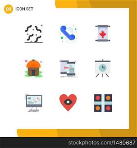 Pack of 9 Modern Flat Colors Signs and Symbols for Web Print Media such as mobile, data, note, yurt, hut Editable Vector Design Elements