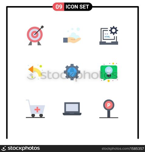 Pack of 9 Modern Flat Colors Signs and Symbols for Web Print Media such as up, curved, code, arrows, html Editable Vector Design Elements