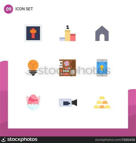 Pack of 9 Modern Flat Colors Signs and Symbols for Web Print Media such as mainboard, computer, instagram, board, light Editable Vector Design Elements