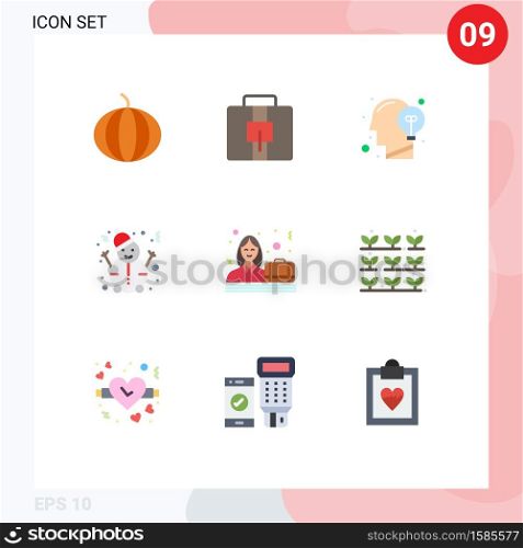 Pack of 9 Modern Flat Colors Signs and Symbols for Web Print Media such as agriculture, case, idea, women, snowman Editable Vector Design Elements