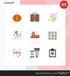 Pack of 9 Modern Flat Colors Signs and Symbols for Web Print Media such as agriculture, case, idea, women, snowman Editable Vector Design Elements