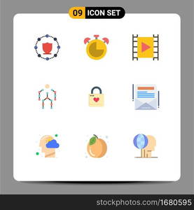 Pack of 9 Modern Flat Colors Signs and Symbols for Web Print Media such as motion, capture, media, bones, stream Editable Vector Design Elements