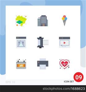 Pack of 9 Modern Flat Colors Signs and Symbols for Web Print Media such as film, photo, cone, film, web Editable Vector Design Elements