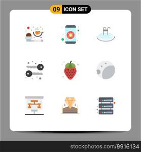 Pack of 9 Modern Flat Colors Signs and Symbols for Web Print Media such as backside, healthy food, pool, diet food, keys Editable Vector Design Elements
