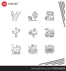 Pack of 9 Modern Outlines Signs and Symbols for Web Print Media such as mail box, mail, report, usb, business Editable Vector Design Elements