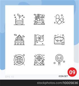 Pack of 9 Modern Outlines Signs and Symbols for Web Print Media such as flag, moon, gym, islam, mosque Editable Vector Design Elements