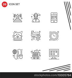 Pack of 9 Modern Outlines Signs and Symbols for Web Print Media such as distance, medical call, bank, calling, store Editable Vector Design Elements