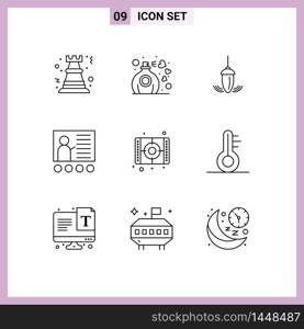 Pack of 9 Modern Outlines Signs and Symbols for Web Print Media such as presentation, conference, fragrance, blackboard, plumb Editable Vector Design Elements