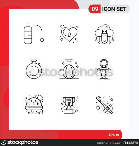 Pack of 9 Modern Outlines Signs and Symbols for Web Print Media such as bag, timer, data, stopwatch, camposs Editable Vector Design Elements