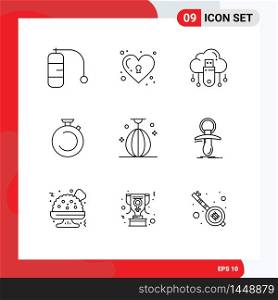 Pack of 9 Modern Outlines Signs and Symbols for Web Print Media such as bag, timer, data, stopwatch, camposs Editable Vector Design Elements