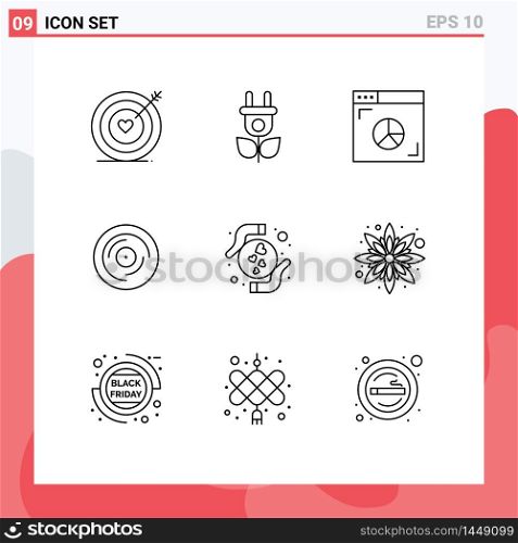 Pack of 9 Modern Outlines Signs and Symbols for Web Print Media such as hands, sound, graph, scratching, dj Editable Vector Design Elements