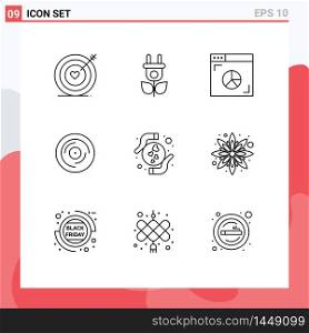 Pack of 9 Modern Outlines Signs and Symbols for Web Print Media such as hands, sound, graph, scratching, dj Editable Vector Design Elements