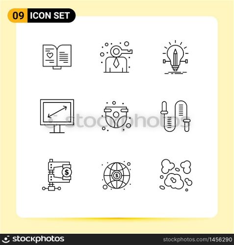Pack of 9 Modern Outlines Signs and Symbols for Web Print Media such as baby panty, tv, bulb, display, pencil Editable Vector Design Elements