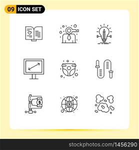 Pack of 9 Modern Outlines Signs and Symbols for Web Print Media such as baby panty, tv, bulb, display, pencil Editable Vector Design Elements