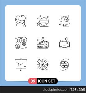 Pack of 9 Modern Outlines Signs and Symbols for Web Print Media such as bulb, storming, fast, brain, mind Editable Vector Design Elements