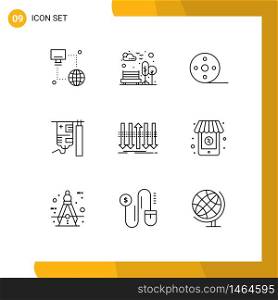 Pack of 9 Modern Outlines Signs and Symbols for Web Print Media such as business, treatment, album, medical, drip Editable Vector Design Elements