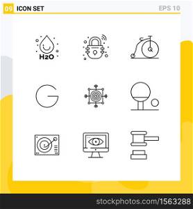 Pack of 9 Modern Outlines Signs and Symbols for Web Print Media such as dart, focus, old, crypto currency, coin Editable Vector Design Elements