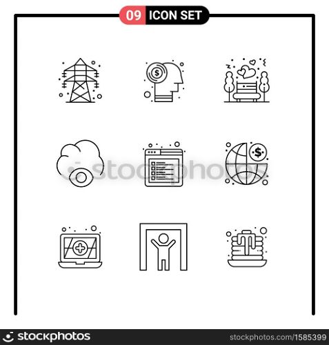 Pack of 9 Modern Outlines Signs and Symbols for Web Print Media such as tab, browser, night date, god, cloud Editable Vector Design Elements