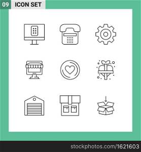 Pack of 9 Modern Outlines Signs and Symbols for Web Print Media such as cd, online, create, store, shop Editable Vector Design Elements