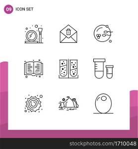 Pack of 9 Modern Outlines Signs and Symbols for Web Print Media such as laboratory test, chemical, procreation, apparatus, read Editable Vector Design Elements
