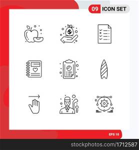 Pack of 9 Modern Outlines Signs and Symbols for Web Print Media such as graph, analytics, file, annual report, heart Editable Vector Design Elements