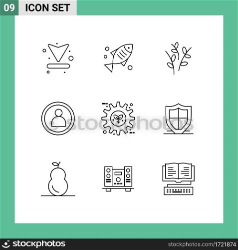 Pack of 9 Modern Outlines Signs and Symbols for Web Print Media such as gear, eco, buds, user, disc Editable Vector Design Elements