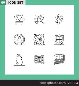 Pack of 9 Modern Outlines Signs and Symbols for Web Print Media such as gear, eco, buds, user, disc Editable Vector Design Elements