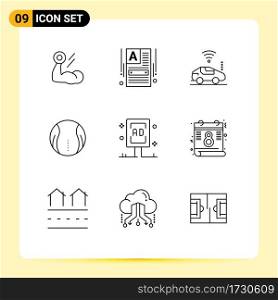 Pack of 9 Modern Outlines Signs and Symbols for Web Print Media such as advertising, sport, web builder, tennis, signal Editable Vector Design Elements